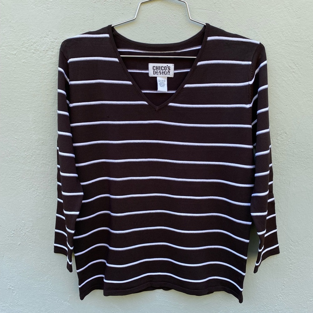 Chico brown and white strip v neck top
